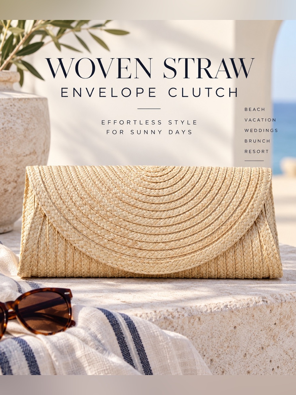 Woven Straw Envelope Clutch Navy Stripe Lining Oversized Resort Bag